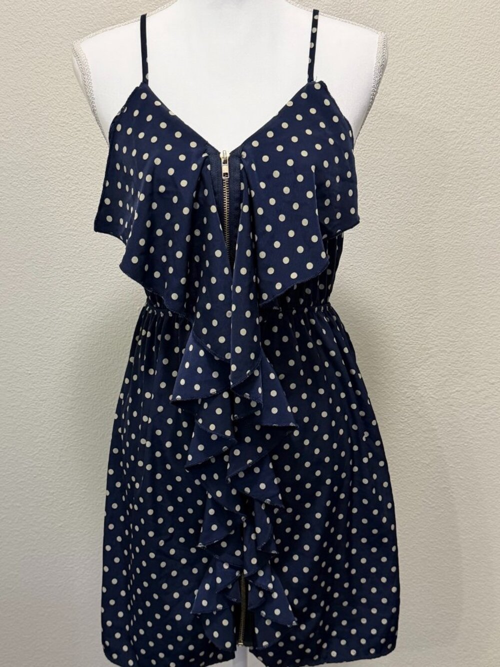 Alya navy and olive green polka dot mini dress, sleeveless, front zip, ruffle, M